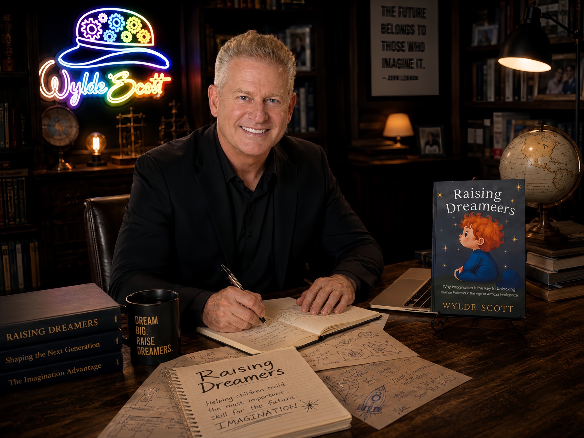 Bradley Scheel writing at his desk beneath a glowing Wylde Scott neon sign, with copies of Raising Dreamers and a globe nearby.