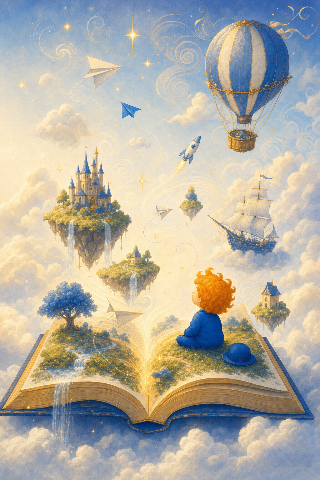 A dreamer child seated on an open storybook floating in the clouds, with castles, ships, and balloons rising from its pages into a golden sky.