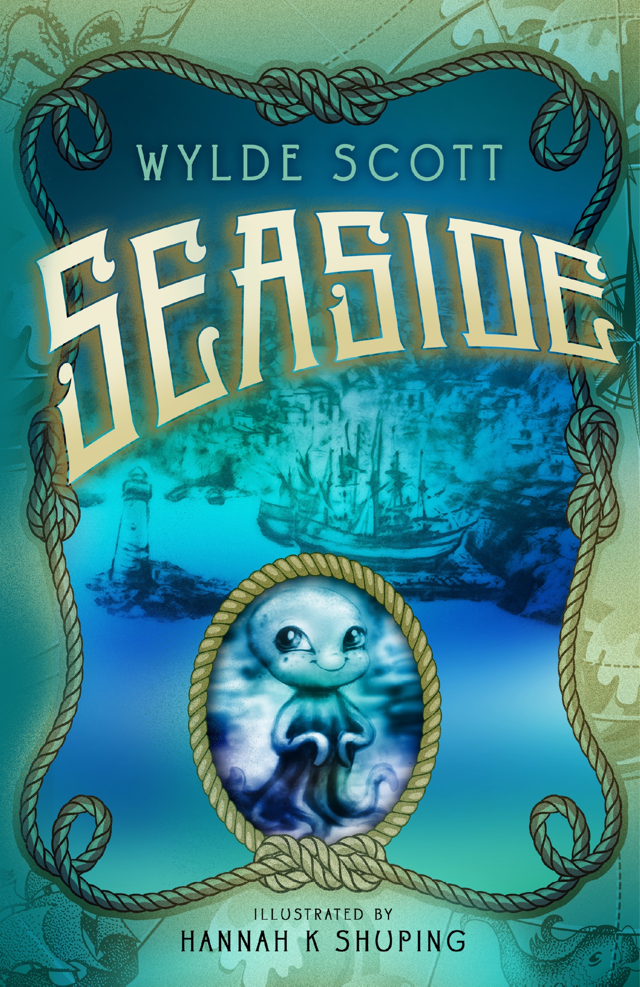 Cover of Seaside by Wylde Scott — a friendly sea creature framed in rope over a moody harbor.