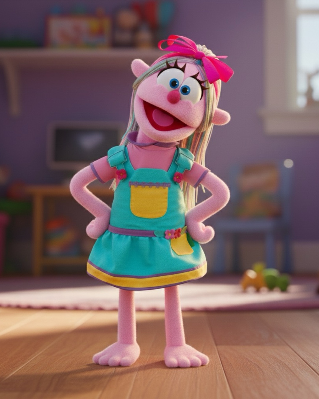 Didi, a pink puppet with rainbow-streaked hair, a hot-pink bow, and a teal-and-yellow overall dress, standing confidently in a playroom.