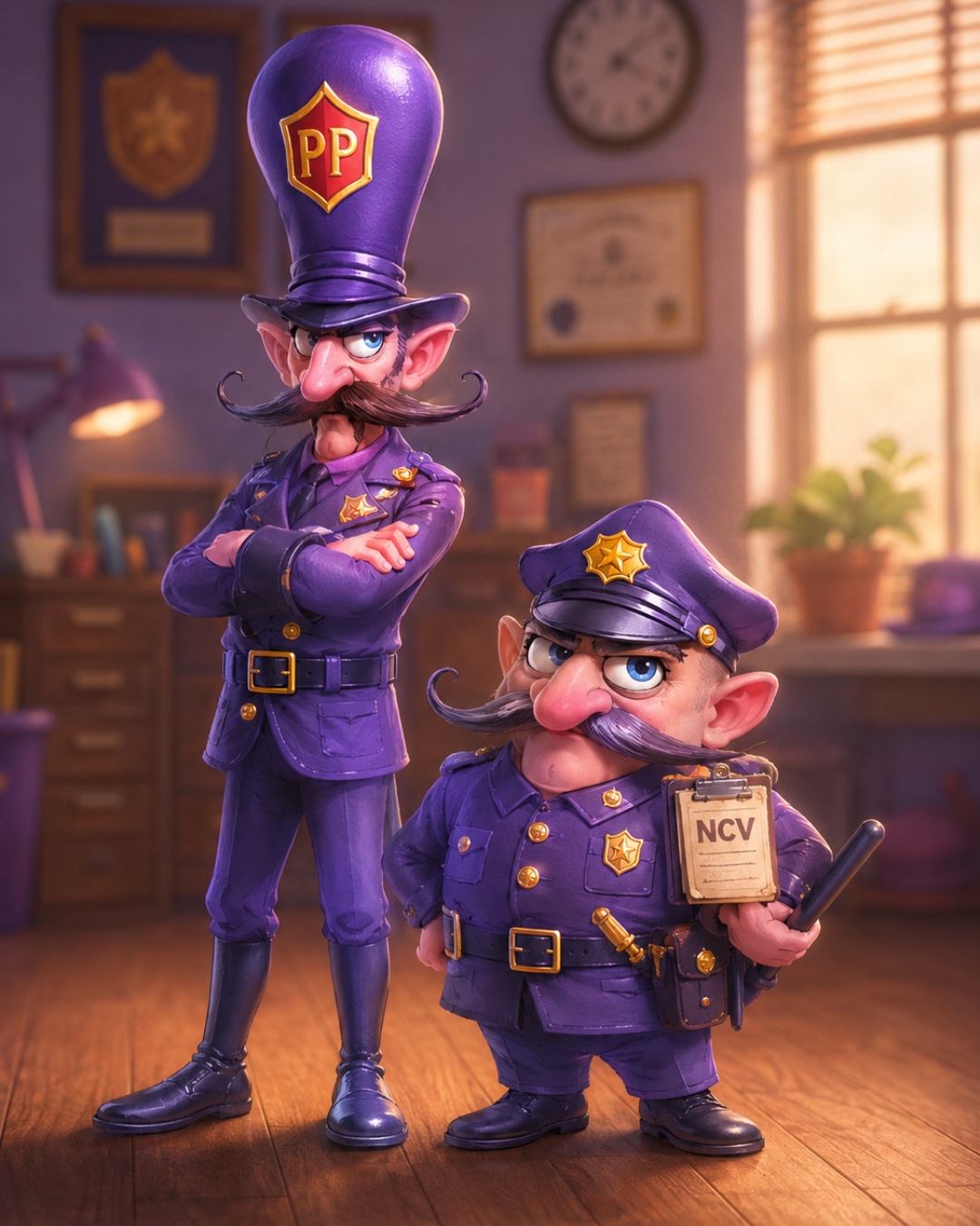 The Possible Police, two stern purple-uniformed characters with curled mustaches and tall PP-badge hats, standing with arms crossed in a doubtful office.