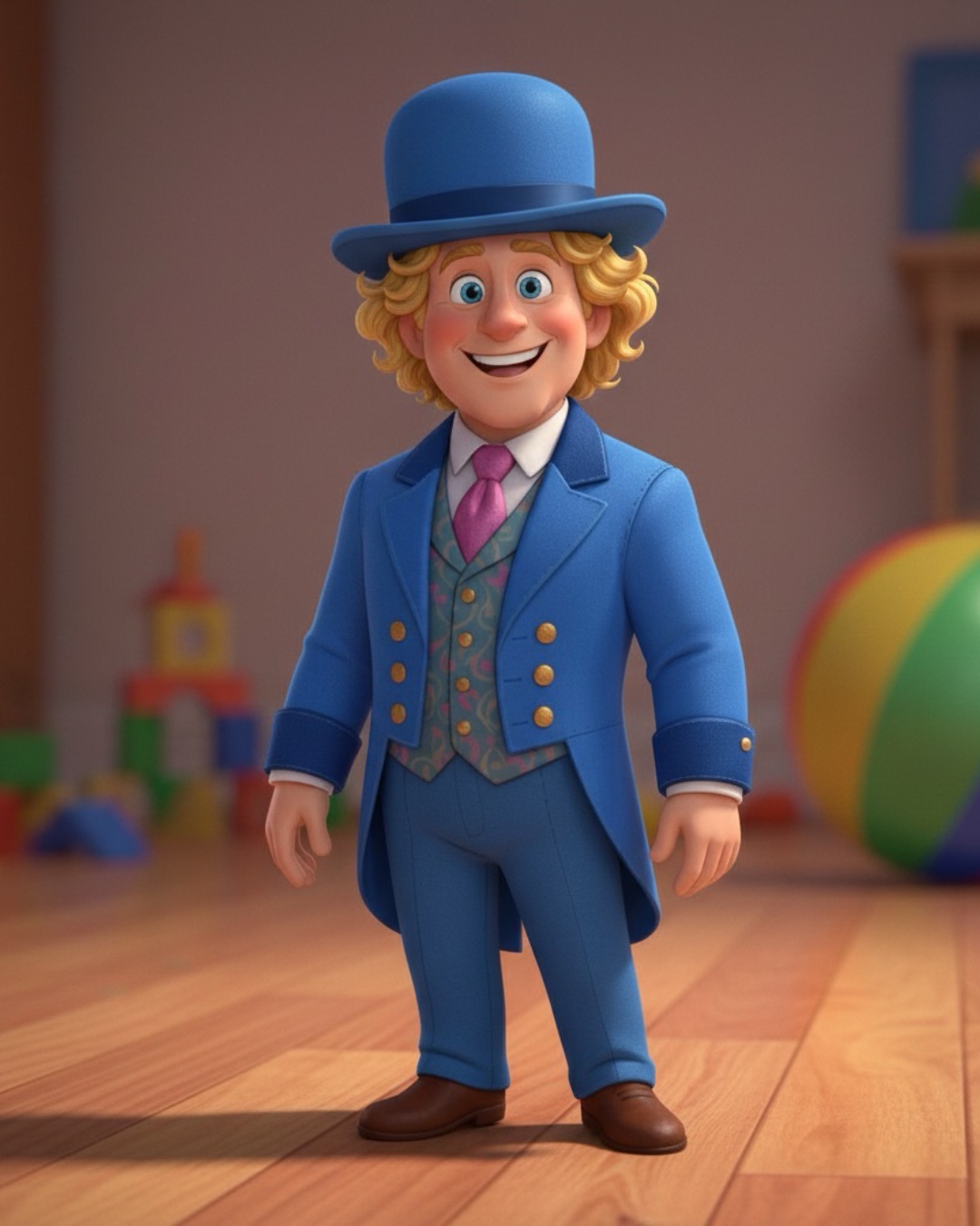 Wylde Scott, a cheerful character in a royal-blue felted suit and matching top hat with golden curls, standing in a sunny spring meadow.