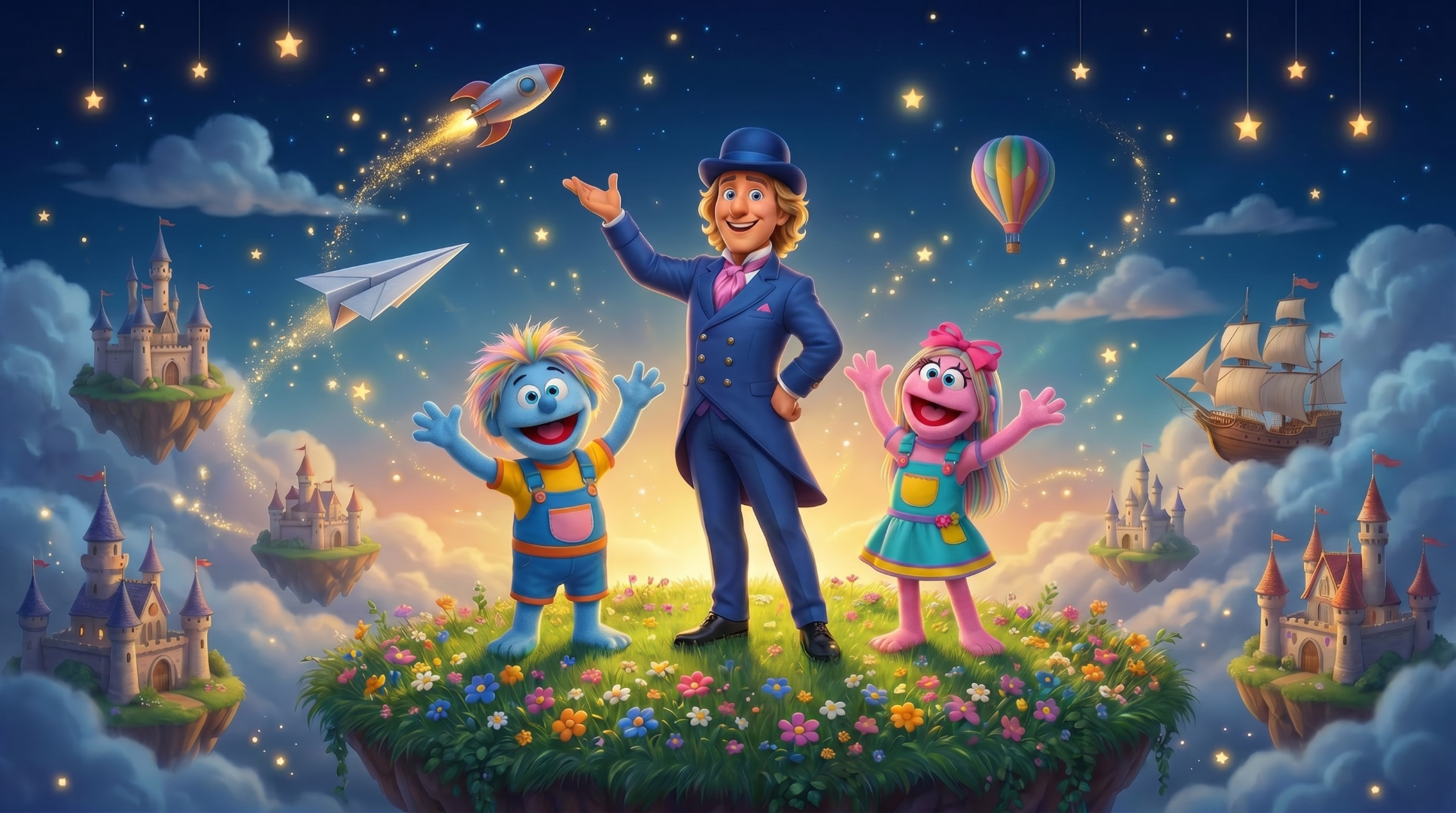 Wylde Scott stands with Dizz and Didi on a floating island in the World of Imagination, surrounded by floating castles, a hot air balloon, a pirate ship, a shooting rocket, and a starlit sky
