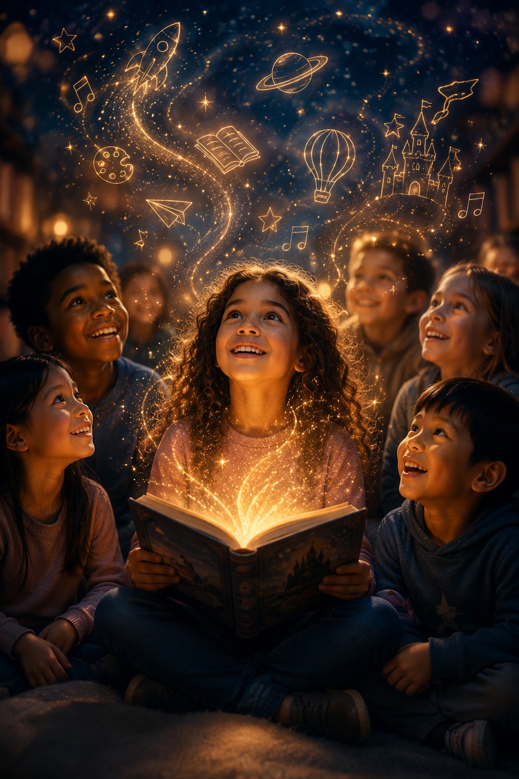 A group of children gathered around a glowing storybook beneath a starlit sky filled with imagination symbols — a rocket, planet, hot air balloon, castle, and musical notes