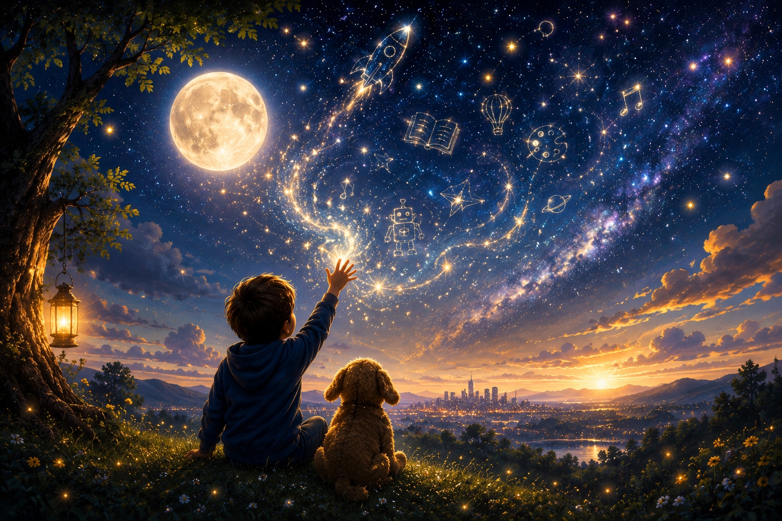 A child and a puppy sit on a hilltop at dusk, reaching toward a glowing constellation of imagination — a rocket, a robot, a book, a hot-air balloon, music notes, and planets rising over a distant city skyline