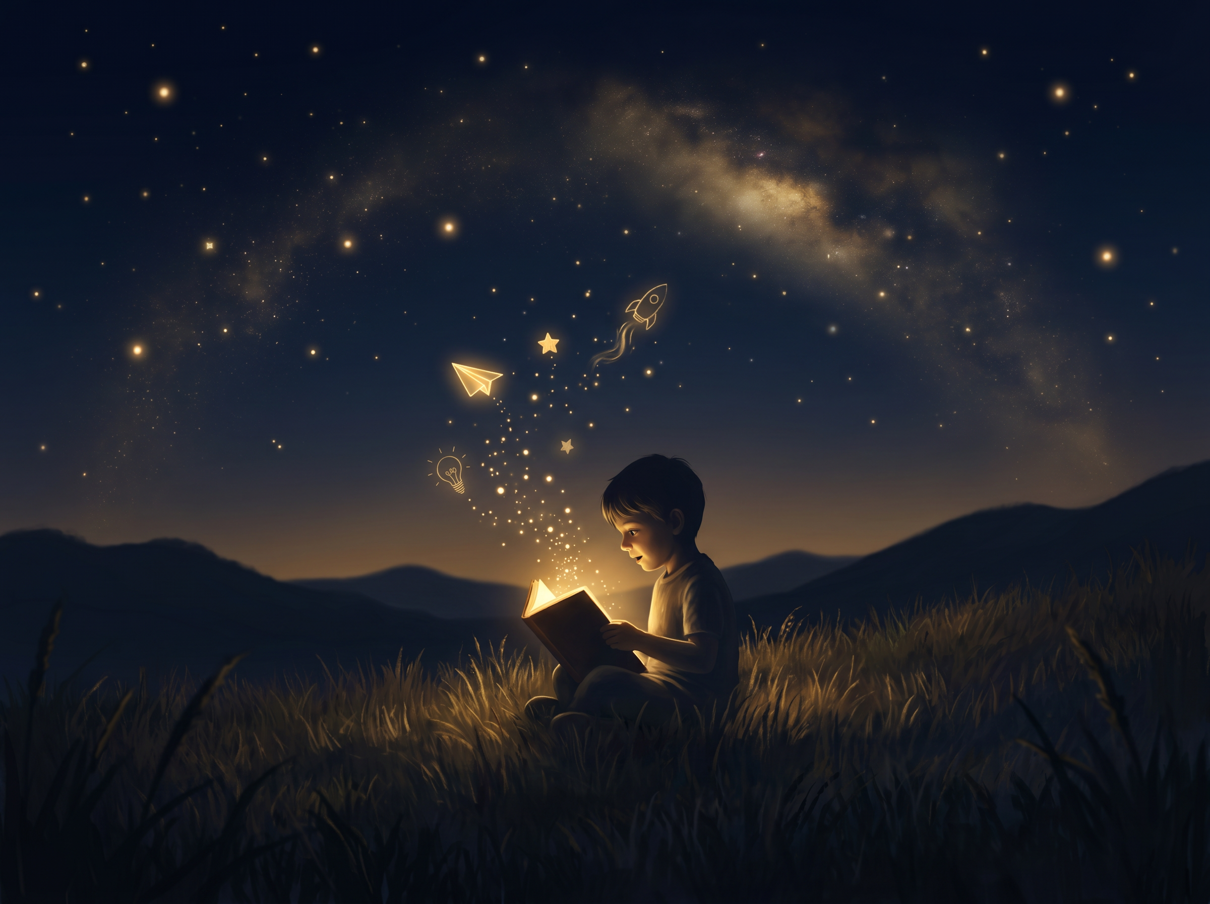 Illustration of a child reading a glowing book under a starry night sky, symbolizing imagination