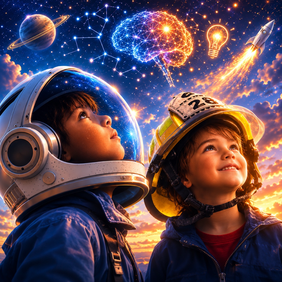 Two children gazing up at a starry sky filled with a glowing brain, a lightbulb, a rocket, and a distant planet — imagining a future powered by creativity