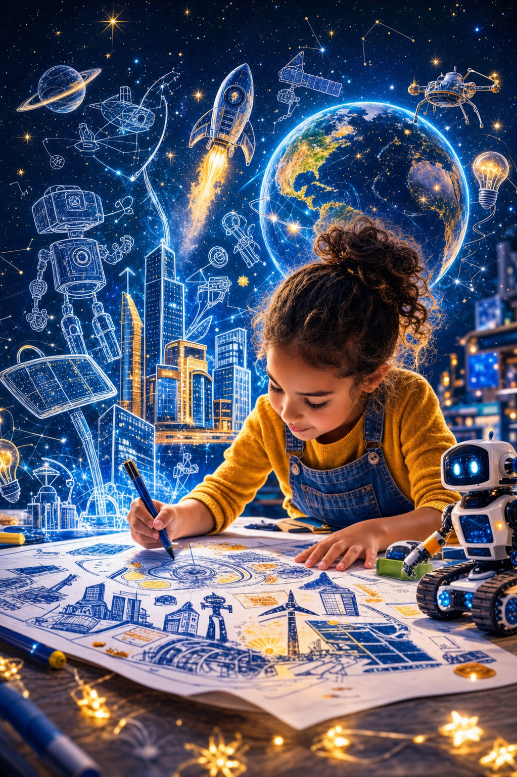 A child in a golden-yellow sweater draws a glowing future world of robots, rockets, a city skyline, and planet Earth, with a friendly robot companion nearby