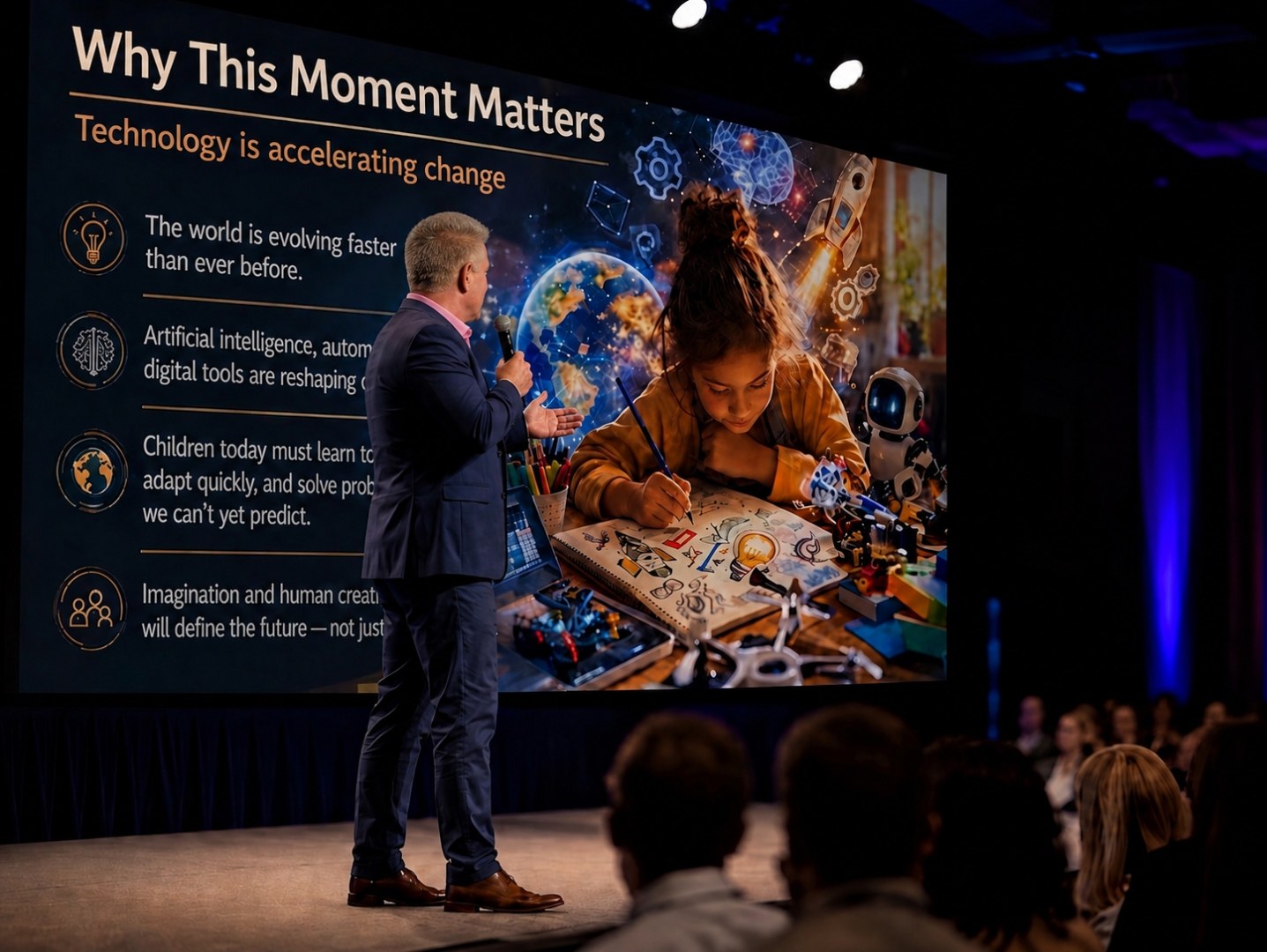 Wylde Scott delivering a keynote on imagination in the age of AI, gesturing toward a presentation slide titled 'Why This Moment Matters' in front of a live audience