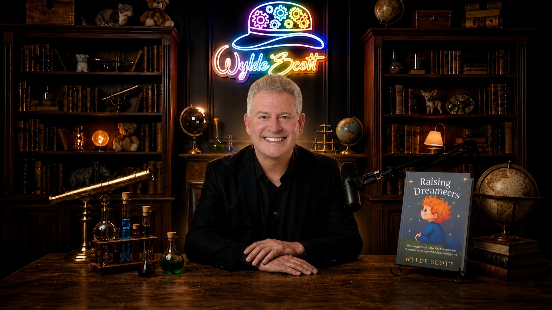 Wylde Scott smiling at his podcast studio desk with a microphone and a copy of Raising Dreamers, beneath a glowing neon Wylde Scott sign surrounded by bookshelves