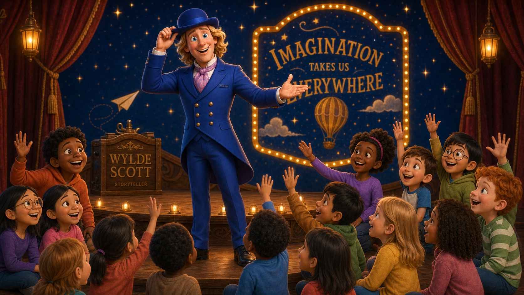 Animated illustration of the Wylde Scott storyteller character in his royal-blue bowler hat and blue tailcoat, tipping his hat to a captivated crowd of children on a starlit stage beneath an 'Imagination Takes Us Everywhere' marquee