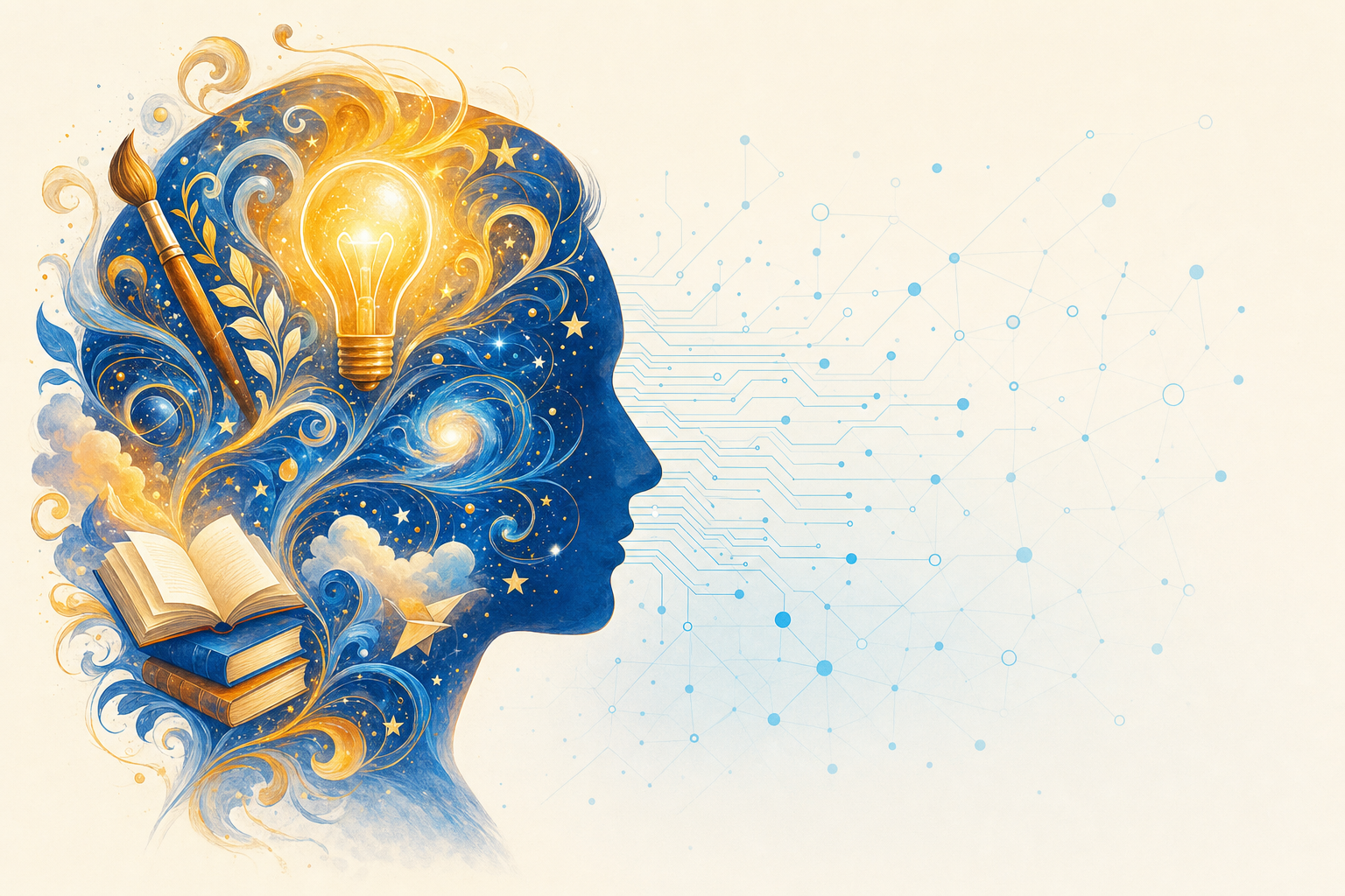 A glowing human profile filled with imaginative gold-and-blue swirls, a lightbulb, books, and a paintbrush, flowing into gentle blue circuitry — imagination meeting artificial intelligence.